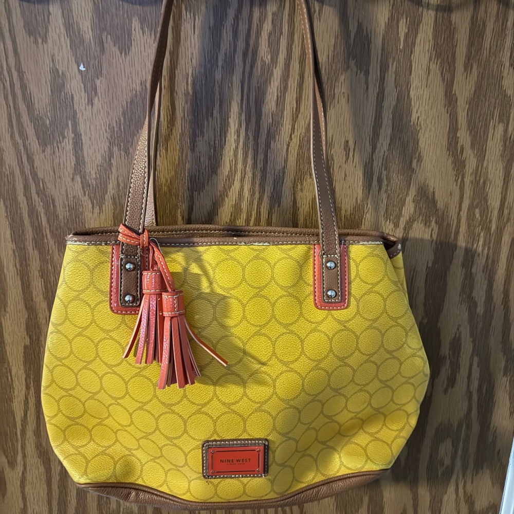 Nine West Yellow Tote with Coral Tassel Accents